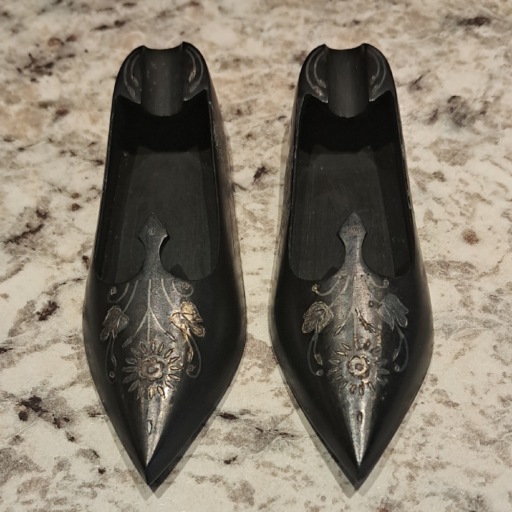 Two Vintage Brass Etched Shoe Ashtrays From India